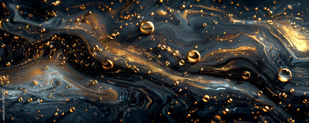 A painting of a black and gold swirl with many small droplets of water A painting of a black and gold swirl with many small droplets of water