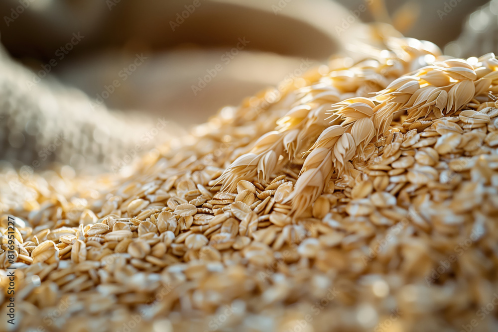 Obraz premium Background with close-up oat grain. Concept of whole organic grain or ancient groats.