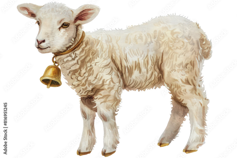 Fototapeta premium A white lamb with a bell around its neck stands on a white background, illustrations, clipart, isolated on a transparent background.