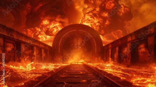 Intense image of a subway entrance engulfed in billowing smoke and flowing lava, mimicking the gates of hell with vivid magma details photo