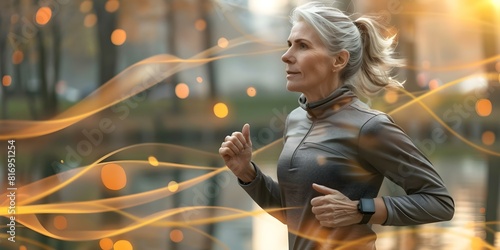 Middleaged woman exercises by running with a smartwatch near a city lake. Concept Running, Fitness, Smartwatch, Midlife, Outdoor Exercise photo