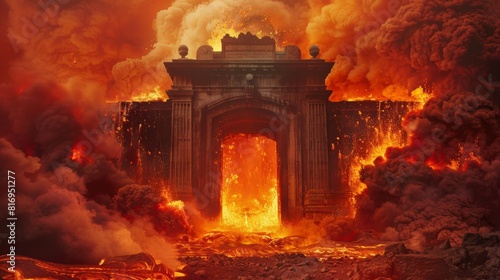 Intense image of a subway entrance engulfed in billowing smoke and flowing lava, mimicking the gates of hell with vivid magma details