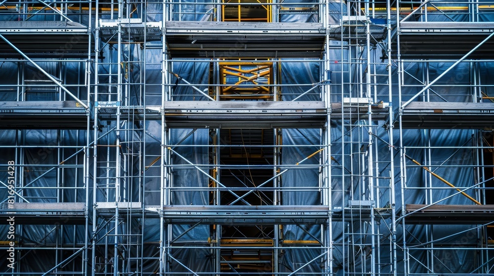 Intense close-up of scaffolding elements at a construction site for a large building, focusing on metal connections and supports Intense close-up of scaffolding elements at a construction site for a large building, focusing on metal connections and supports