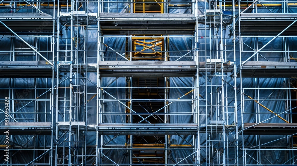 Intense close-up of scaffolding elements at a construction site for a large building, focusing on metal connections and supports