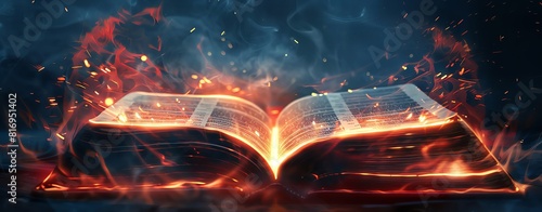 An open bible with glowing fire coming out of the pages, flames and sparks flying around the book in the style of fantasy illustration. Cinematic lighting with a blue background and red glow from insi photo