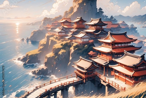 海岸の町: 絶景の海と断崖の日本の伝統的な建築物、アニメスタイルの風景 photo