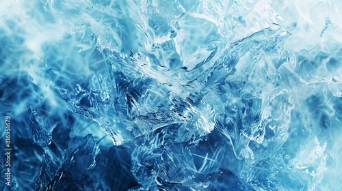 Abstract close-up of ice crystals creating a textured pattern in shades of blue, showcasing the intricate and jagged shapes of frozen water. © Natalia