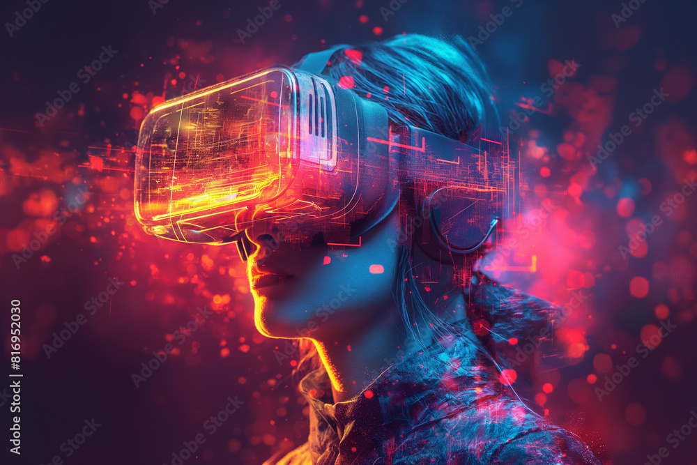 (Digital Art). This design symbolizes Virtual Reality technology or gaming, futuristic vibe with minimalistic elements, rendered in bold neon blue and purple gradients on a dark background.
(Digital Art). This design symbolizes Virtual Reality technology or gaming, futuristic vibe with minimalistic elements, rendered in bold neon blue and purple gradients on a dark background.