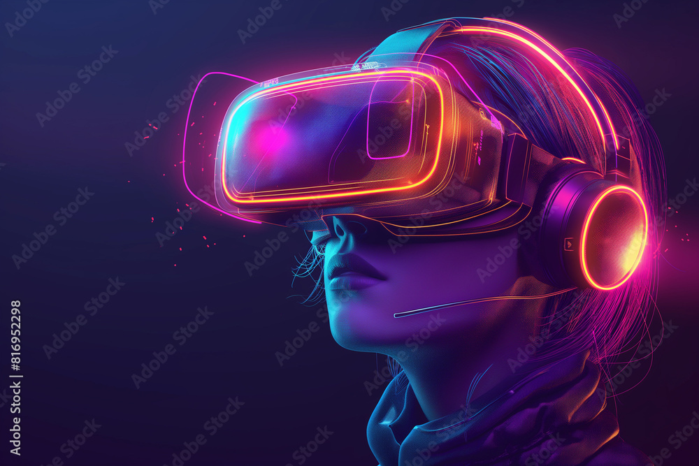 (Digital Art). This design symbolizes Virtual Reality technology or gaming, futuristic vibe with minimalistic elements, rendered in bold neon blue and purple gradients on a dark background.
(Digital Art). This design symbolizes Virtual Reality technology or gaming, futuristic vibe with minimalistic elements, rendered in bold neon blue and purple gradients on a dark background.