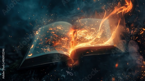 An open book with glowing pages and swirling flames around it, representing the power of magic in fantasy worlds. A cinematic photo shot in the style of fantasy artwork.