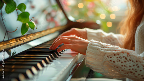 暖かい光に包まれたピアノ演奏者の手元