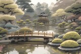 平和な庭園: 美しい盆栽と静かな鯉の池, アニメ風: 静寂な茶園と整然とした盆栽