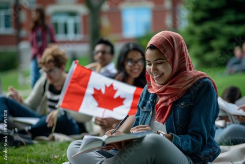 A group of young people from different countries studying at a university in Canada with Canadian flag