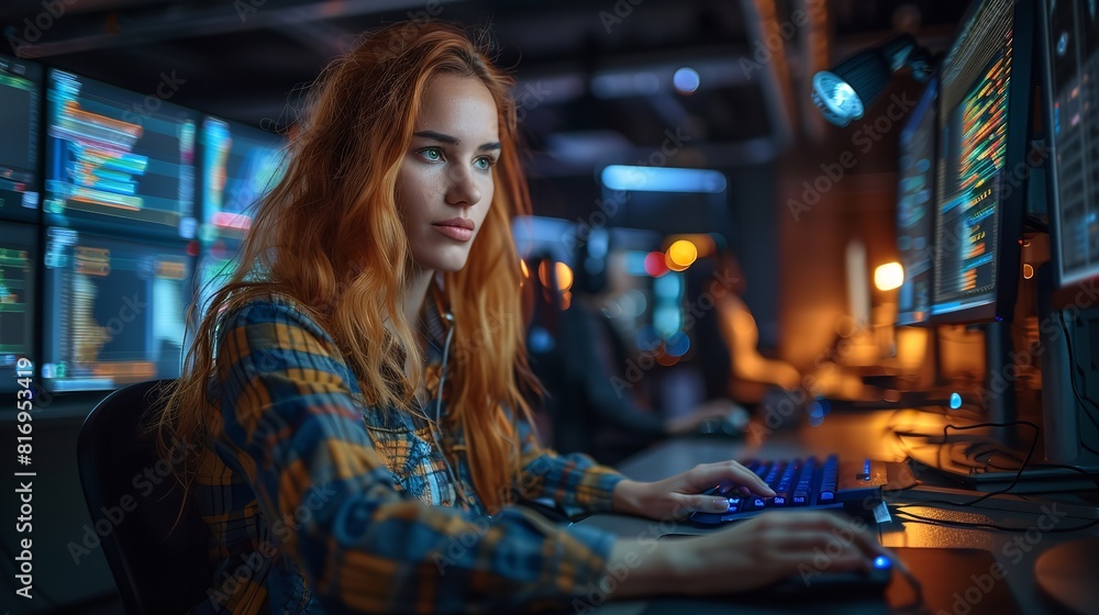 A woman is sitting at a computer in a dark room, working or studying with focused concentration A woman is sitting at a computer in a dark room, working or studying with focused concentration