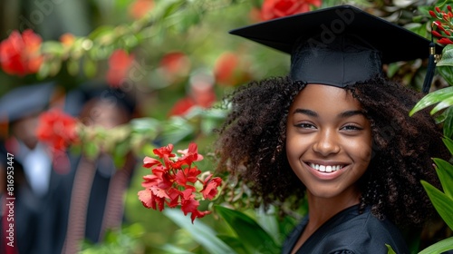 Joyful young black woman in cap and gown laughing, with a crowd of graduates in the background.