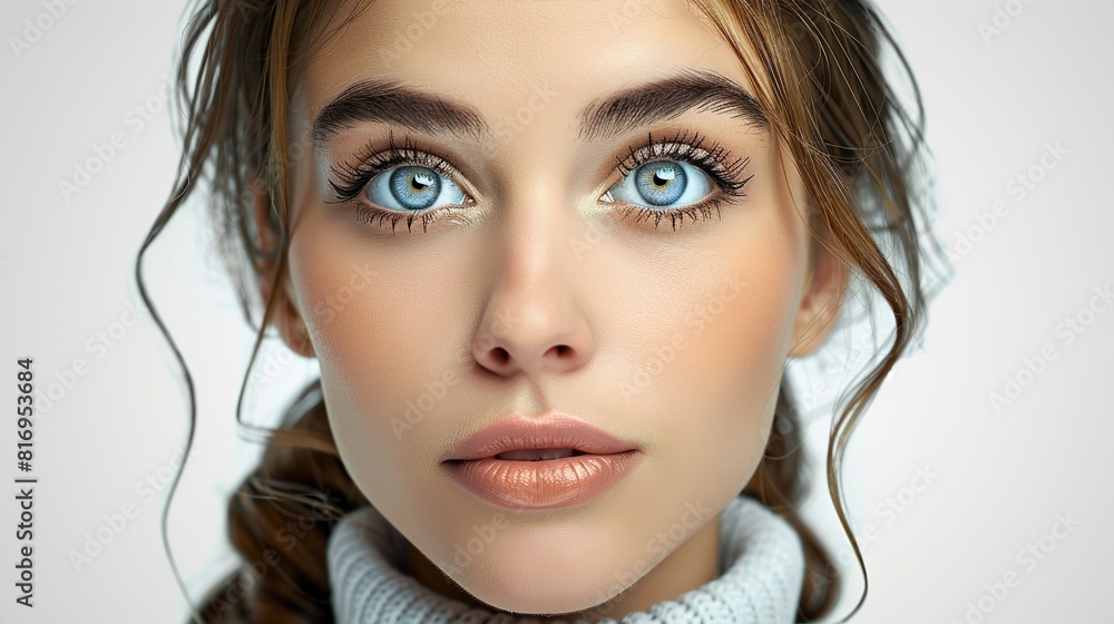 A woman with blue eyes and brown hair is wearing makeup