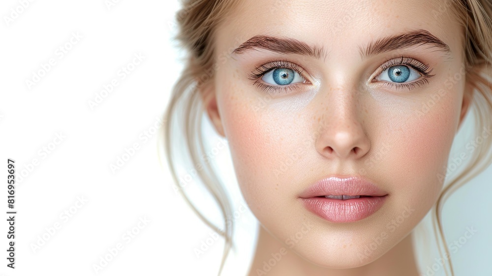 A woman with a light blue eye and a pinkish tint to her lips