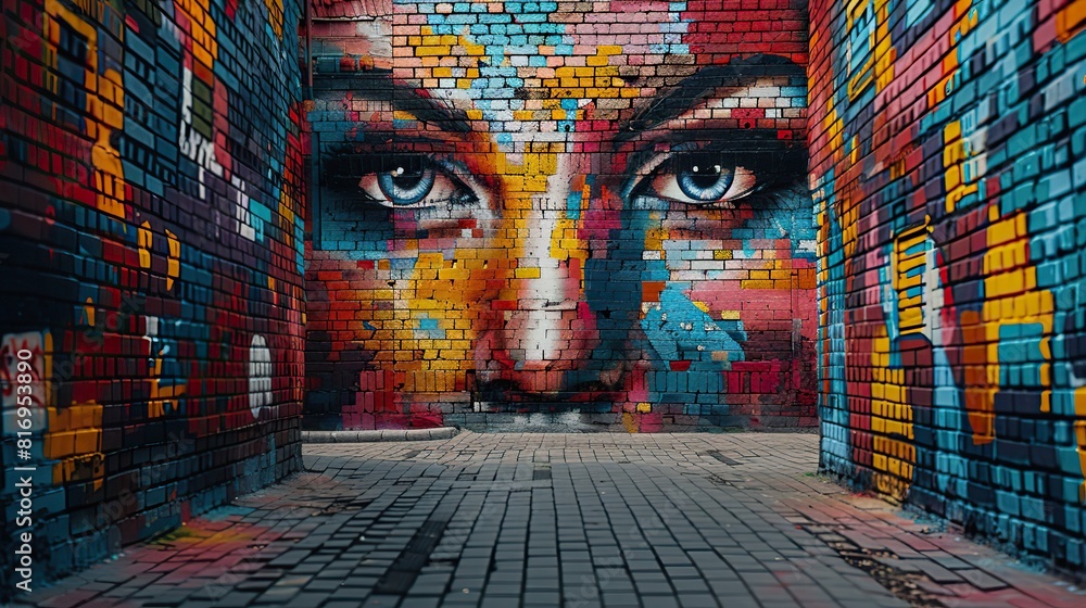 Fototapeta premium brick wall with a piece of street art that has captured the attention of passersby and sparked conversations, creating a sense of community and shared experience.illustration