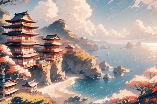 海岸の町: 絶景の海と断崖の日本の伝統的な建築物、アニメスタイルの風景 photo