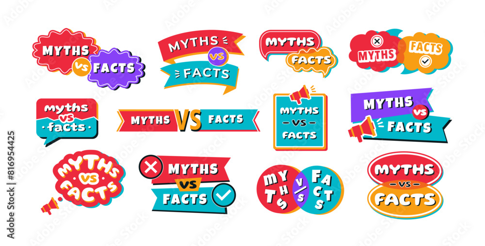 Myths vs facts badges. Myth and fact speech bubbles, flags and ...