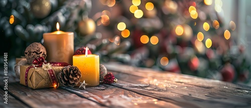 Christmas candles and gift box on a wooden table with a blurred background of Christmas decorations. New Year concept banner in a panoramic view. Shallow depth of field. Shot with a Nikon D850 camera photo