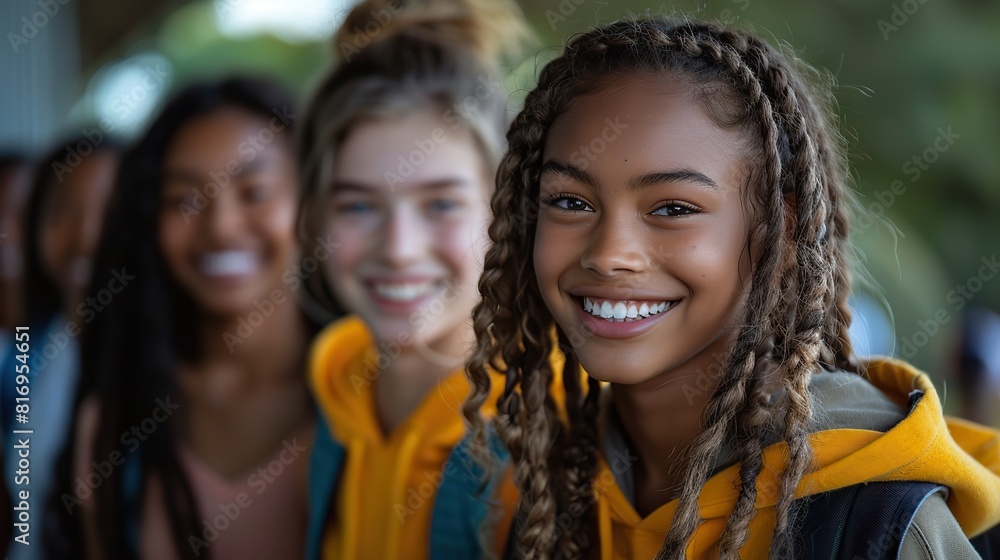 group of diverse students laughing and talking as they walk together to their high school building, representing the social connections and friendships formed in school.stock photo group of diverse students laughing and talking as they walk together to their high school building, representing the social connections and friendships formed in school.stock photo