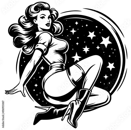 pinup space astronaut girl, black vector transparent background, pin-up woman nocolor silhouette sketch illustration, beauty lady comic character shape for laser cutting engraving print © Malgo