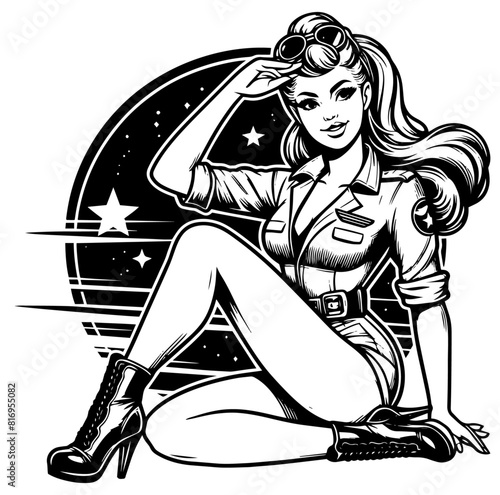 pinup space astronaut girl, black vector transparent background, pin-up woman nocolor silhouette sketch illustration, beauty lady comic character shape for laser cutting engraving print