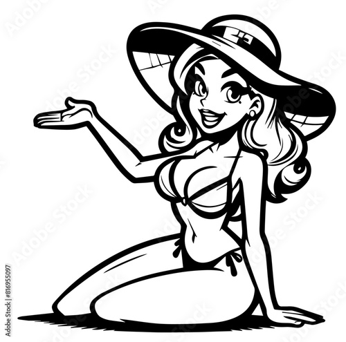 retro pinup girl tropical vacation, black vector transparent, pin-up woman nocolor silhouette sketch vintage illustration, comic character shape for laser cutting engraving print © Malgo