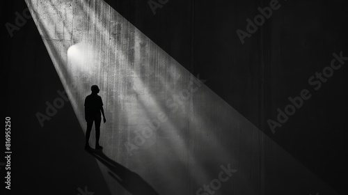 Silhouette of a man illuminated by a light beam on a wall