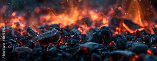 Close up of glowing hot coals and flames in the fire pit for grilling, commercial photo background