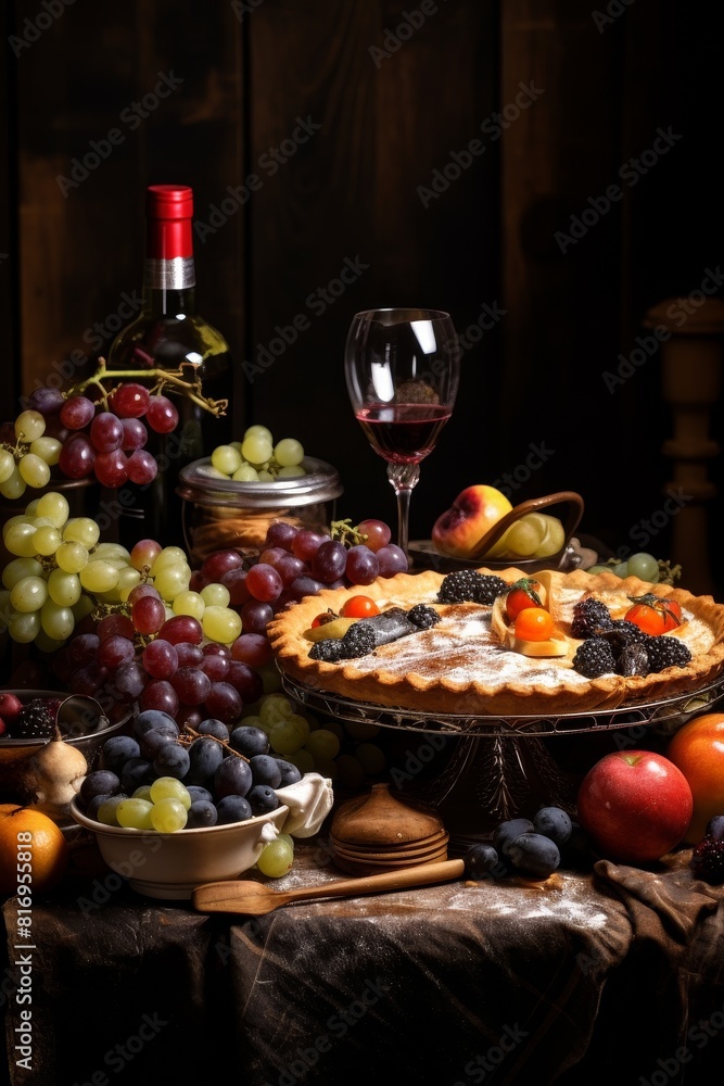 Pie with grapes and fruit on table