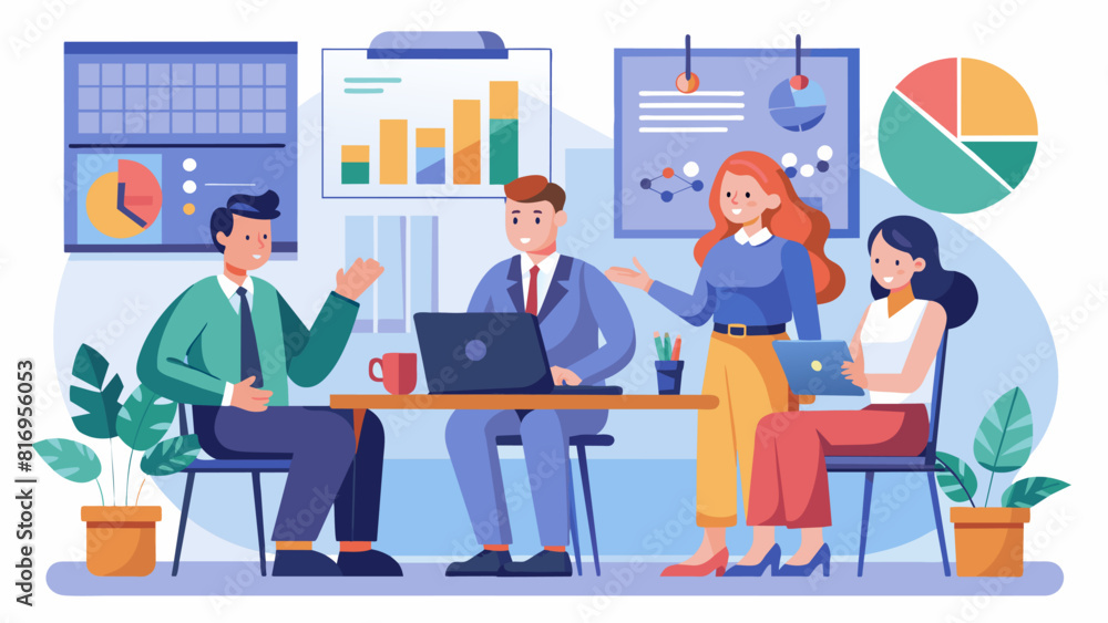 A vibrant illustration capturing a business team in the midst of a strategic analytics meeting A vibrant illustration capturing a business team in the midst of a strategic analytics meeting