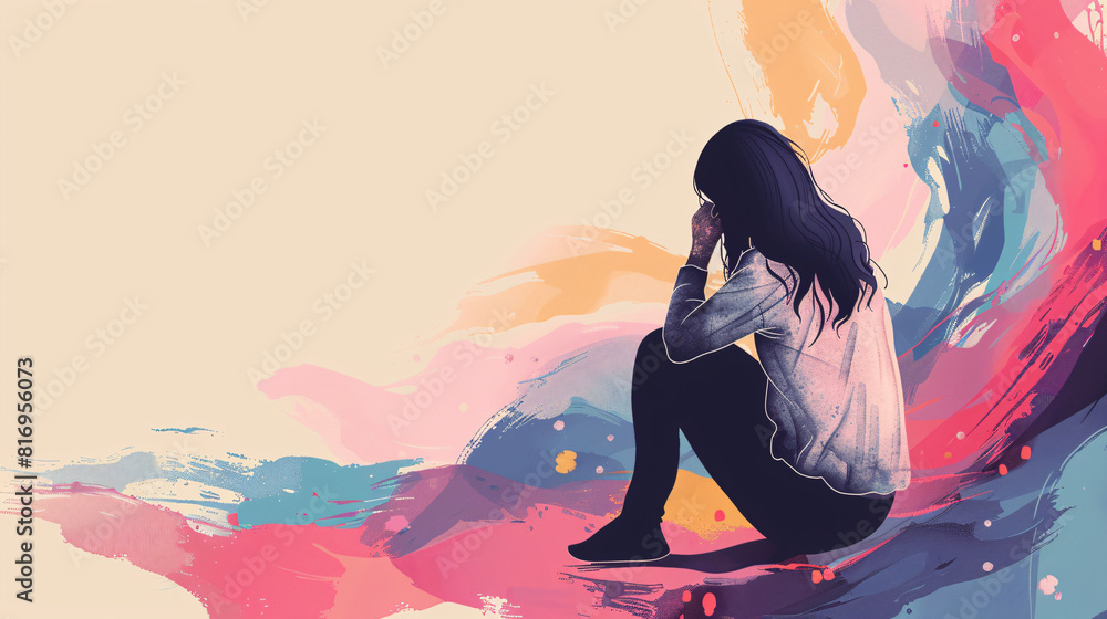 Depression Woman Sitting Alone in Abstract Artistic Background Representing Emotional Turmoil