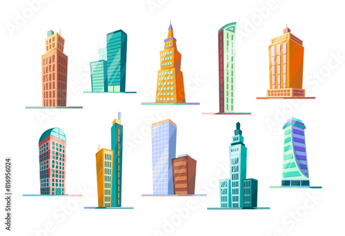 Cartoon skyscraper. City buildings, high architecture and urban real estate isolated vector illustration set