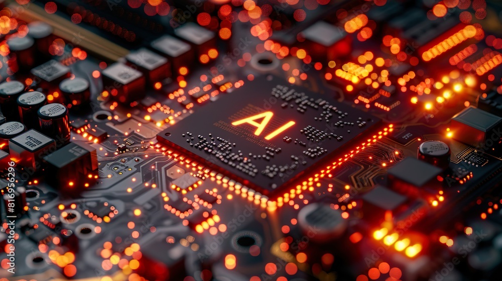Close-up view of a cutting-edge AI microchip in the center of a computer motherboard with intricate circuits and vibrant orange lighting Close-up view of a cutting-edge AI microchip in the center of a computer motherboard with intricate circuits and vibrant orange lighting