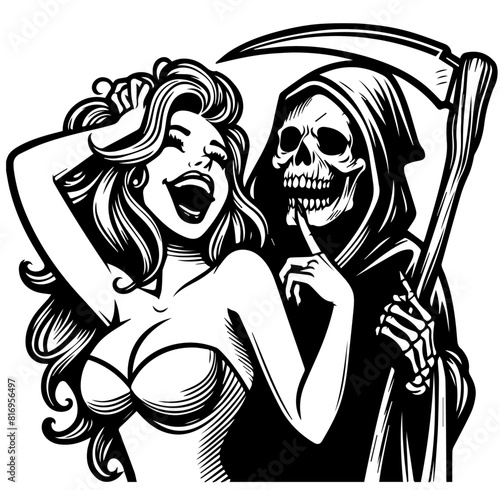 cute retro pinup sexy girl halloween grim reaper black vector transparent  beauty pin-up woman silhouette graphic illustration  comic style female character clipart shape laser cutting engraving print