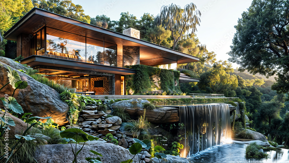 A contemporary cliffside home with a terraced garden, cascading water features, and panoramic views of the valley below