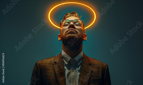 A young, arrogant narcissist in a fashionable suit and glasses looks haughtily at the camera, a halo radiating above his head. The world seems to revolve around him photo