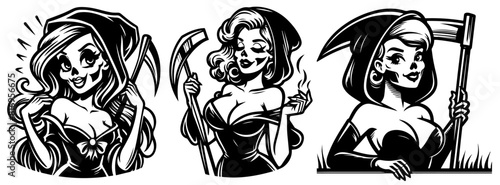 halloween grim reaper pinup girl  beauty pin-up woman retro style black and white vector with transparent background  monochrome illustration