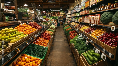 Grocery store aisle, its neatly stocked shelves filled with a colorful assortment of fresh produce