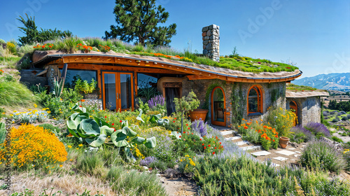 A modern eco conscious earthship exterior design with a living roof, recycled materials, and a permaculture garden filled with drought resistant plants photo