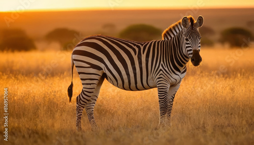 A zebra stands calmly amidst a grassy field as the sun sets in the horizon  casting a warm glow on the surroundings