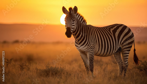 A zebra stands gracefully in a field  illuminated by the warm sunset light