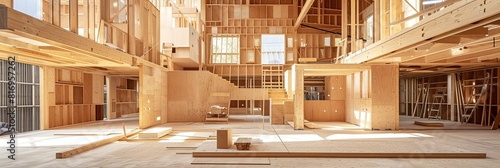 Unfinished wooden house on a plot against the backdrop of a construction site photo