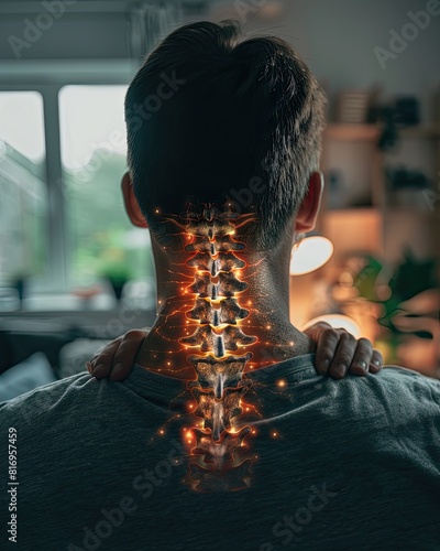 Digital processing of the highlighted neck of a man with neck pain. photo