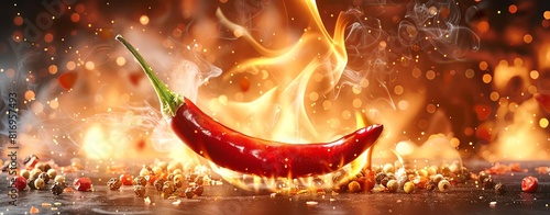 Hot red chili pepper on fire, fire flames background, food photography, close up shot, studio light, high resolution photography