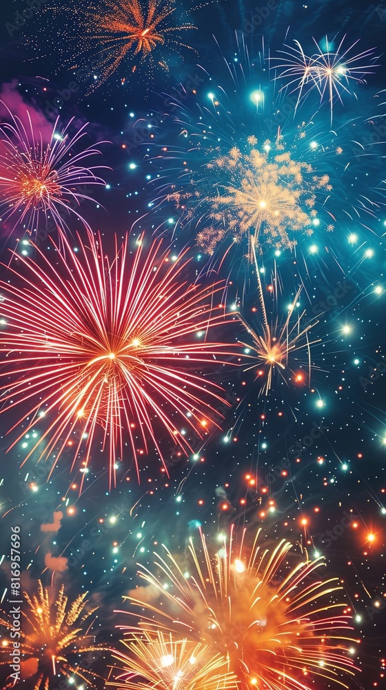 Festive event with a snapshot of fireworks bursting against the dark night sky Festive event with a snapshot of fireworks bursting against the dark night sky