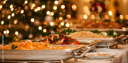 A festive wedding or corporate event with an elaborate delicious feast displayed on chafing dishes