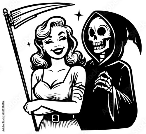 pinup sexy girl halloween grim reaper, black vector transparent background, beauty pin-up woman silhouette graphic illustration © Malgo